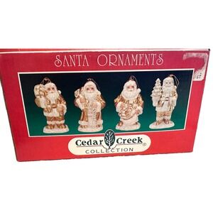 Set of Four Santa Ornaments Cedar Creek Collection Gold & White 4" Tall
